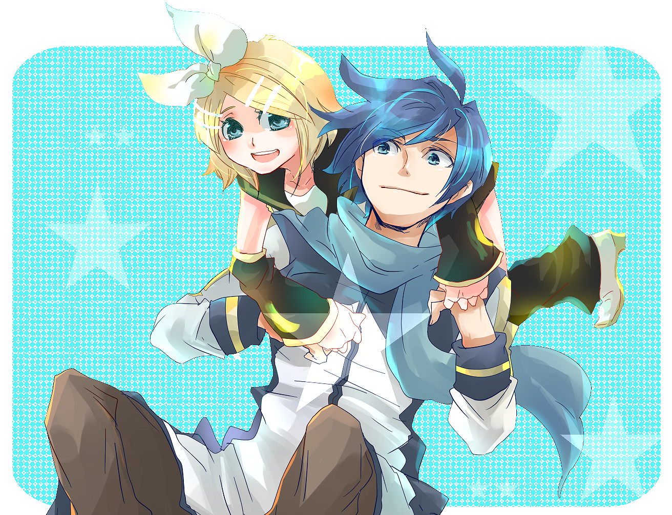 sachirou, kagamine rin, kaito (vocaloid), vocaloid, 1boy, 1girl, blonde hair, blue eyes, blue hair, blue scarf, hair ornament, hair ribbon, hairclip, holding, ribbon, scarf, short hair, smile