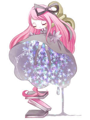 crxa, piyo (crxa), megurine luka, toki no orgel (vocaloid), vocaloid, bad id, bad pixiv id, lowres, 1girl, a world underneath, black thighhighs, book, chibi, closed eyes, female focus, hair ribbon, long hair, musical note, pink hair, ribbon, solo, thighhighs, very long hair, winding key