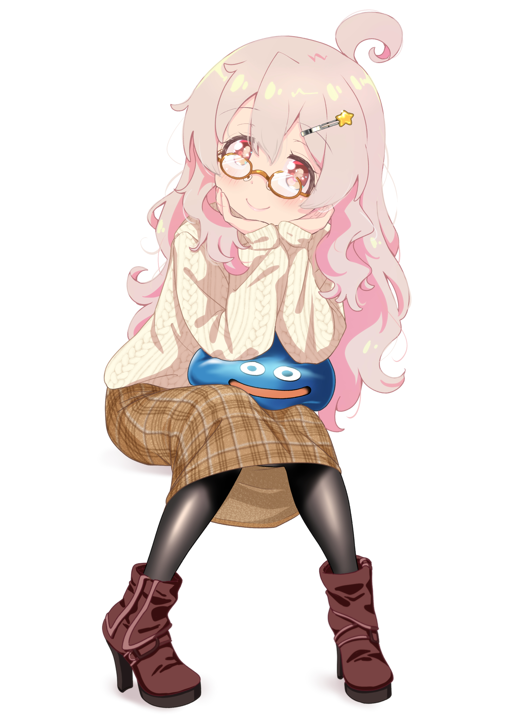 shiina excel, oyama mahiro, slime (dragon quest), dragon quest, onii-chan wa oshimai!, absurdres, commentary, highres, 1girl, ahoge, bespectacled, black pantyhose, boots, brown-framed eyewear, brown boots, brown eyes, brown skirt, cable knit, full body, glasses, hair between eyes, hair ornament, hairclip, hands on own chin, head rest, high heel boots, high heels, jacket, light blush, long hair, long sleeves, looking at viewer, pantyhose, pink hair, plaid clothes, plaid skirt, simple background, sitting, skirt, solo, star (symbol), star hair ornament, wavy hair, white background, yellow jacket