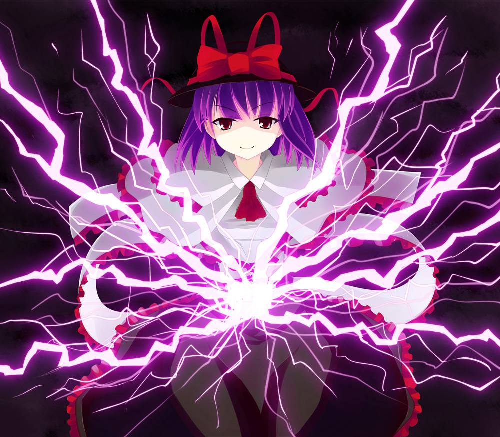 akai ronii, nagae iku, touhou, bad id, bad pixiv id, 1girl, black background, female focus, hat, ribbon, solo, standing