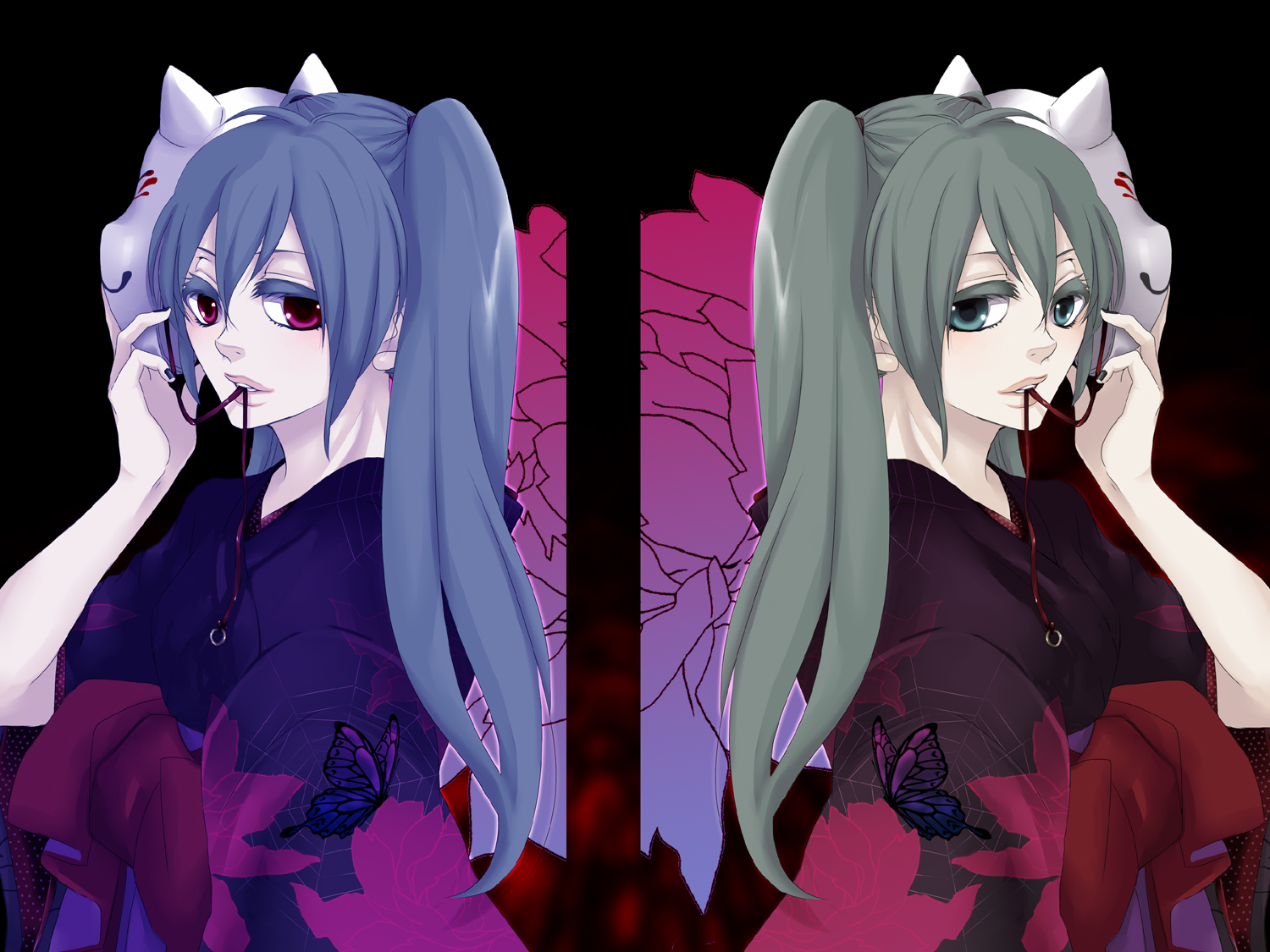 ako (macochi), hatsune miku, musunde hiraite rasetsu to mukuro (vocaloid), vocaloid, bad id, bad pixiv id, aqua eyes, aqua hair, blue hair, clone, flower, fox mask, japanese clothes, kimono, long hair, mask, purple eyes, smile, symmetry, twintails, yukata