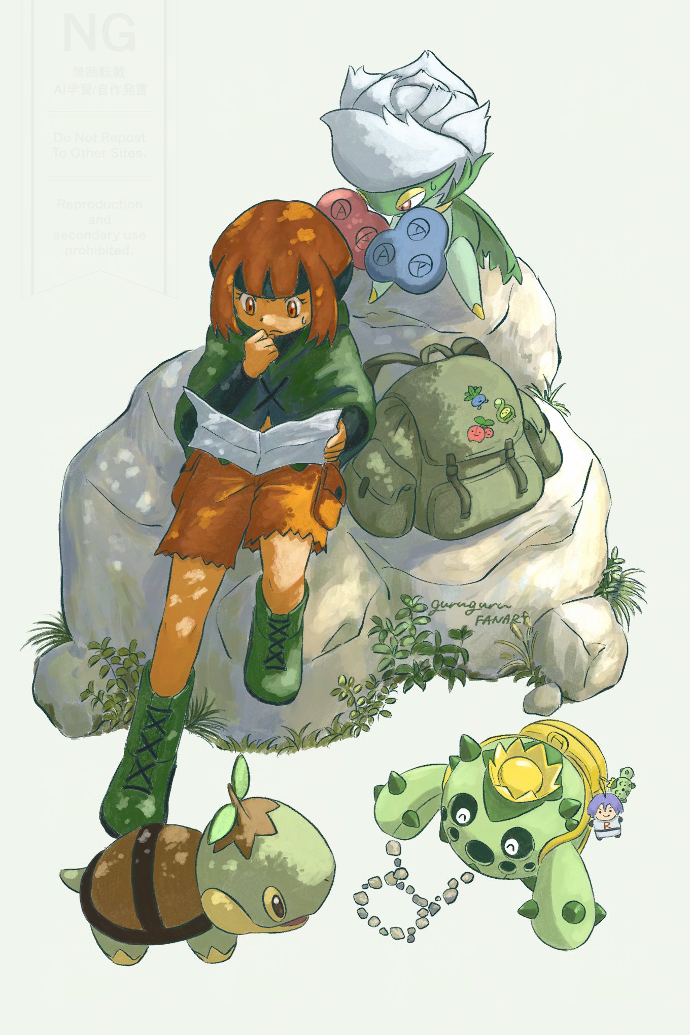 omochi (aoi guruguru), budew, cacnea, cherubi, gardenia (pokemon), james (pokemon), oddish, roserade, turtwig, nintendo, pokemon, pokemon (anime), pokemon dppt (anime), commentary request, highres, 1girl, artist name, backpack, bag, black hair, bob cut, boots, capelet, character charm, charm (object), closed mouth, full body, gen 1 pokemon, gen 3 pokemon, gen 4 pokemon, green boots, green capelet, holding, holding paper, multicolored hair, on rock, orange eyes, orange hair, orange shorts, paper, pokemon (creature), rock, short hair, shorts, sweatdrop, two-tone hair