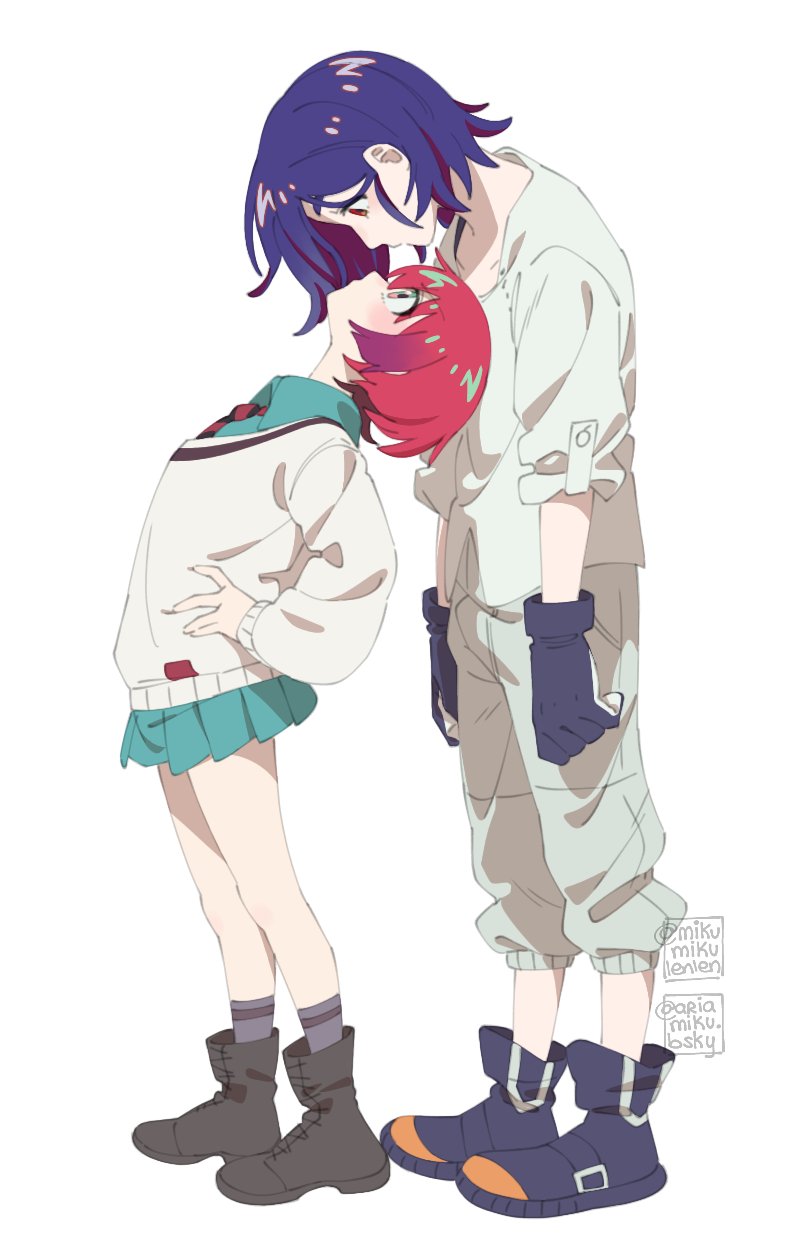 ariamikukanzaki, amate yuzuriha, shuji ito, gundam, gundam gquuuuuux, commentary, english commentary, highres, 1boy, 1girl, aqua eyes, aqua shirt, black boots, black gloves, blue hair, boots, eye contact, gloves, hands on own hips, height difference, looking at another, looking up, miniskirt, multicolored eyes, necktie, pleated skirt, red eyes, red hair, shirt, short hair, signature, skirt, sleeves pushed up, striped necktie, sweater, two-tone eyes, white sweater