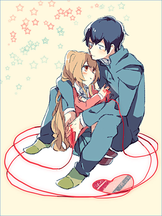 chiko (beroro), aisaka taiga, takasu ryuuji, toradora!, 00s, blush, holding, leaning on person, long hair, own hands together, sitting, socks, string, string of fate, very long hair, yellow background