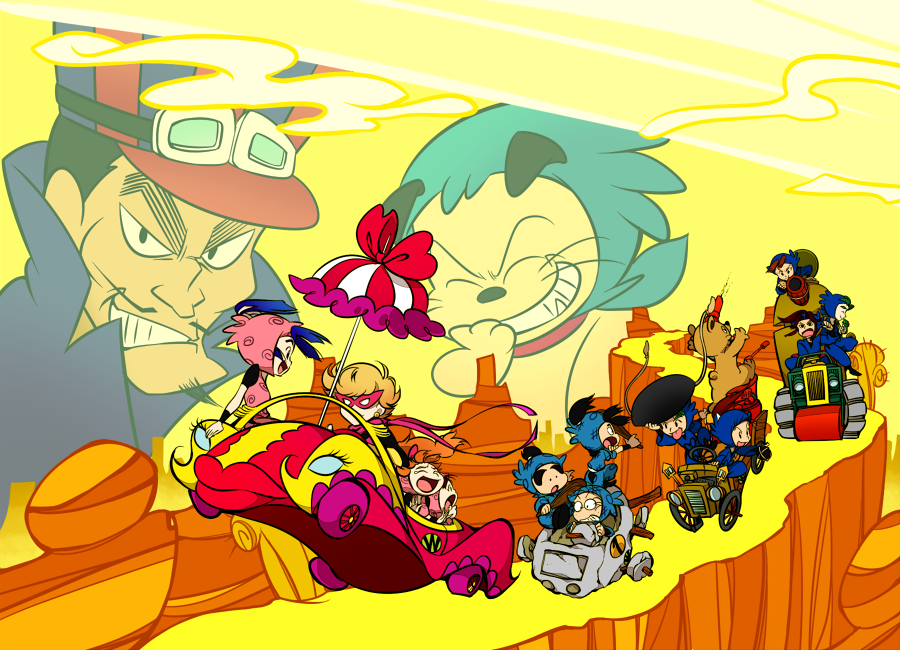 kinako (moment), dick dastardly, fukutomi shinbei, hemuhemu, inadera rantarou, muttley, penelope pitstop, settsuno kirimaru, shige (rakudai ninja rantarou), tomomi (rakudai ninja rantarou), yamada denzou, yuki (rakudai ninja rantarou), rakudai ninja rantarou, wacky races, striped, turret, bad id, :p, age difference, animification, black hair, blonde hair, blue hair, bow, brown hair, car, caterpillar tracks, clenched teeth, cliff, closed eyes, cloud, club (weapon), collar, cosplay, crossover, dick dastardly (cosplay), dog, domino mask, driving, earrings, evil grin, evil smile, eye mask, facial hair, floating hair, gloves, goatee, goggles, goggles on headwear, grin, hat, holding, hood, japanese clothes, jewelry, laughing, mask, military, military vehicle, motor vehicle, multiple boys, multiple girls, mustache, muttley (cosplay), ninja, orange hair, outdoors, parasol, racing, scarf, short hair, sky, smile, sunset, tank, tears, teeth, thick eyebrows, tongue, tongue out, umbrella, vertical stripes, weapon