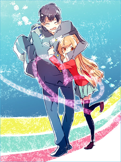 chiko (beroro), aisaka taiga, takasu ryuuji, toradora!, 00s, 1boy, 1girl, black hair, black thighhighs, couple, hetero, long hair, rainbow, rainbow path, thighhighs