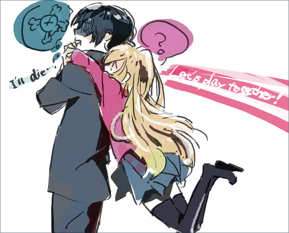 chiko (beroro), aisaka taiga, takasu ryuuji, toradora!, 00s, 1boy, 1girl, ?, black hair, black thighhighs, brown hair, couple, english text, glomp, gloom (expression), hetero, hug, hug from behind, long hair, skull, speech bubble, thighhighs, thought bubble