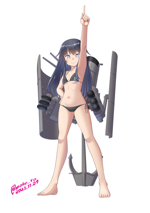 moke ro, akatsuki (kancolle), kantai collection, commentary request, 1girl, arm up, armpits, bikini, black bikini, black hair, blue eyes, breasts, long hair, looking at viewer, navel, rigging, side-tie bikini bottom, small breasts, smile, smokestack, solo, standing, swimsuit, torpedo, torpedo launcher, very long hair