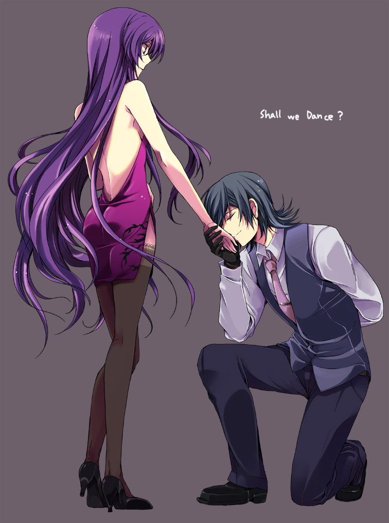 nakayama miyuki, allelujah haptism, tieria erde, gundam, gundam 00, frilled legwear, bad id, bad pixiv id, 00s, 2boys, back, backless dress, backless outfit, black hair, black thighhighs, crossdressing, crossdressing (mtf), dress, english text, formal clothes, frills, full body, high heels, kneeling, long hair, male focus, multiple boys, necktie, on one knee, purple hair, shoes, side slit, simple background, thighhighs, trap, very long hair, vest, yaoi
