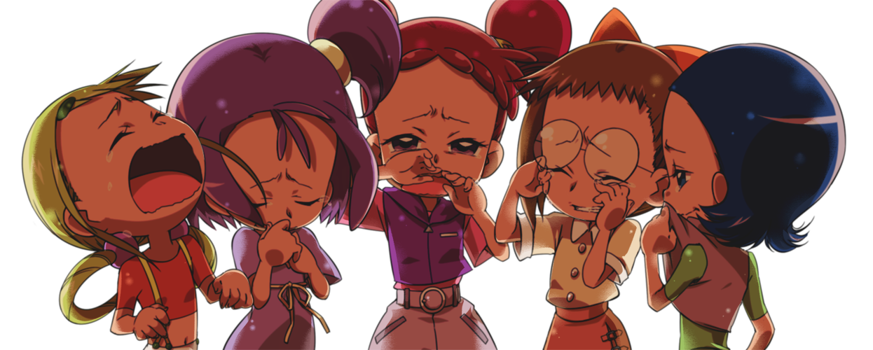 kinako (moment), asuka momoko, fujiwara hazuki, harukaze doremi, segawa onpu, senoo aiko, ojamajo doremi, bad id, bad pixiv id, 5girls, blonde hair, blue hair, bow, brown hair, child, closed eyes, crying, glasses, hair bobbles, hair bow, hair ornament, half-shirt, long hair, multiple girls, open mouth, purple hair, red hair, sad, short hair, simple background, suspenders, tears, vest, white background