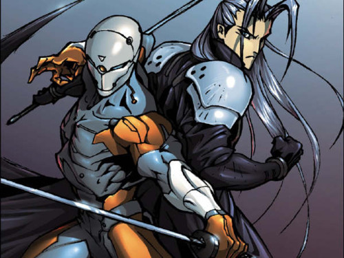 gray fox (metal gear), sephiroth, final fantasy, final fantasy vii, konami, metal gear (series), square enix, silver hair, lowres, 1990s (style), 2boys, angry, back-to-back, clenched hand, crossover, cyborg, fantasy, fox, long hair, male focus, multiple boys, ninja, retro artstyle, sword, weapon
