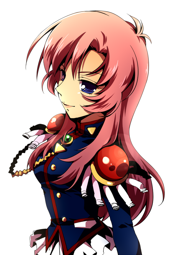 kinako (moment), tenjou utena, shoujo kakumei utena, uniform, bad id, bad pixiv id, 1990s (style), 1girl, aiguillette, blue eyes, epaulettes, female focus, long hair, pink hair, retro artstyle, simple background, smile, solo