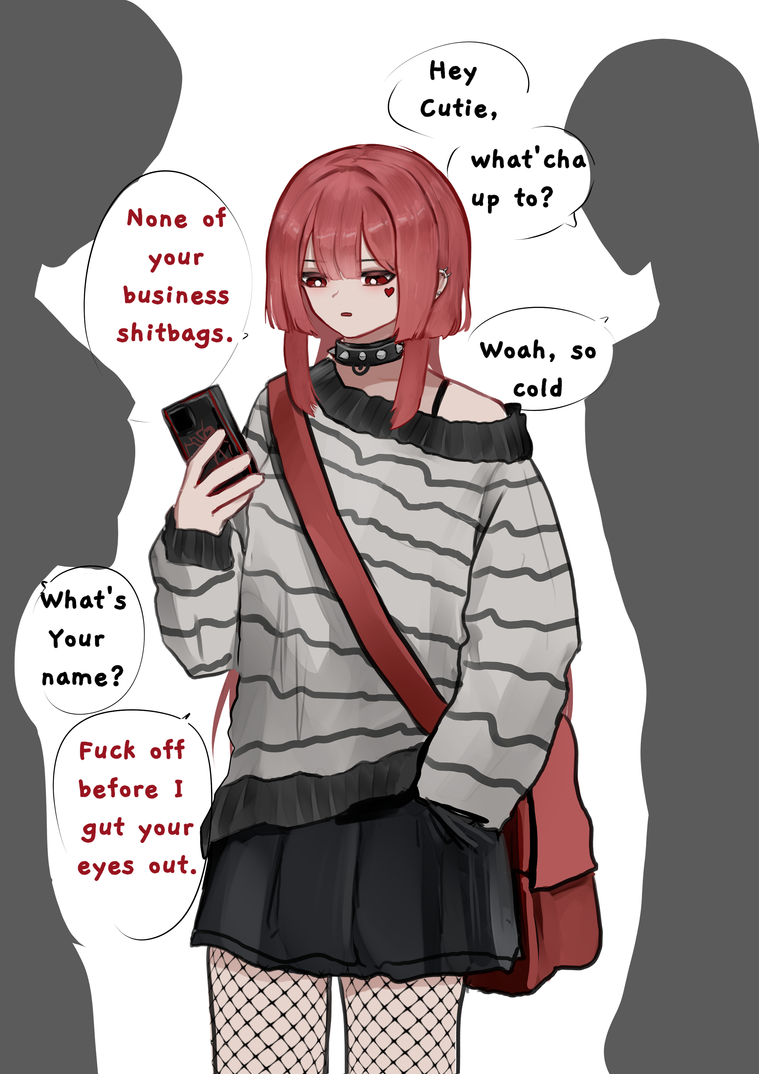 wawamachi, original, absurdres, commentary, english commentary, highres, 1girl, 2others, bag, black skirt, bright pupils, cellphone, collar, english text, fishnet pantyhose, fishnets, hair between eyes, heart, holding, hood, hoodie, long hair, long sleeves, multiple others, off shoulder, open mouth, oversized clothes, pantyhose, phone, puffumine (wawamachi), puffy sleeves, red eyes, red hair, shoulder bag, simple background, skirt, smartphone, speech bubble, spiked collar, spikes, white pupils