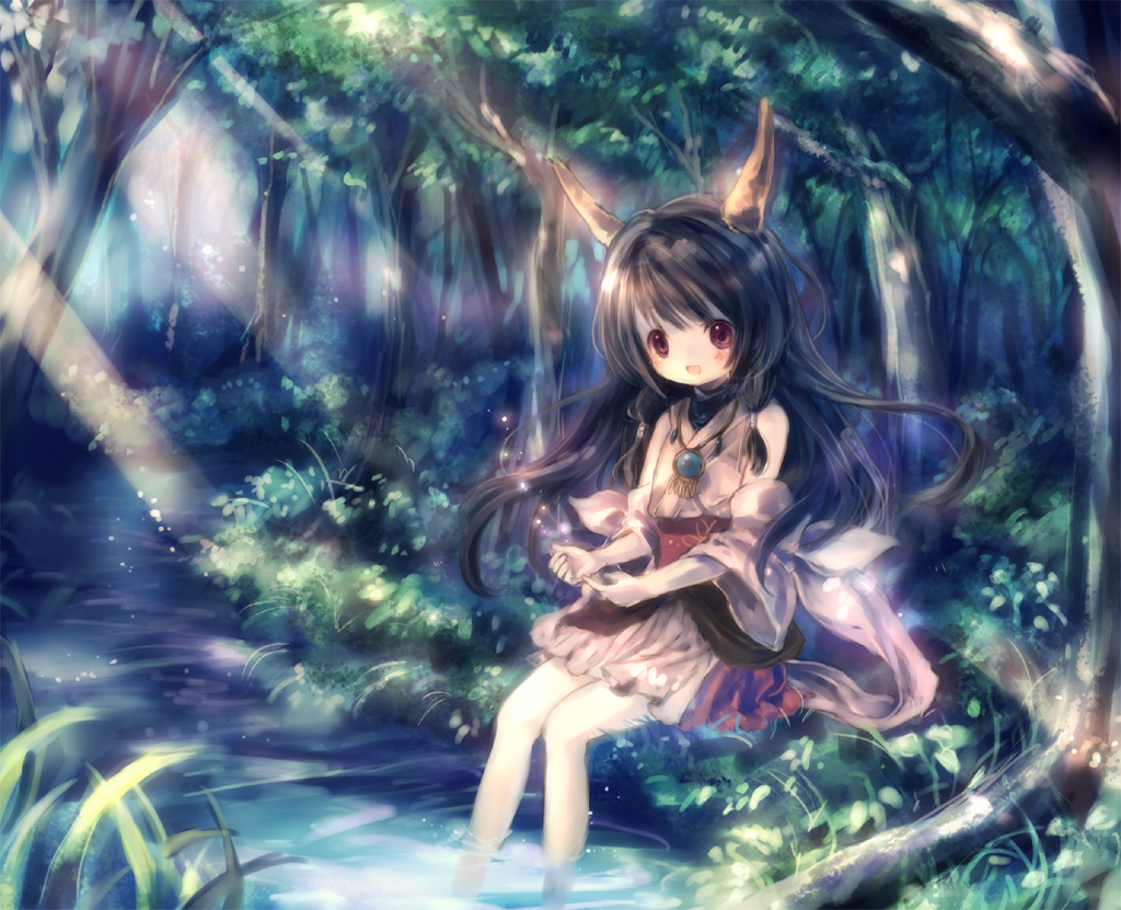 onineko, staygarden, naga (staygarden), ryuujin naga, bad id, bad pixiv id, brown hair, forest, horns, light rays, long hair, nature, no nose, red eyes, sitting, smile, soaking feet, stream, sunbeam, sunlight, tree, water