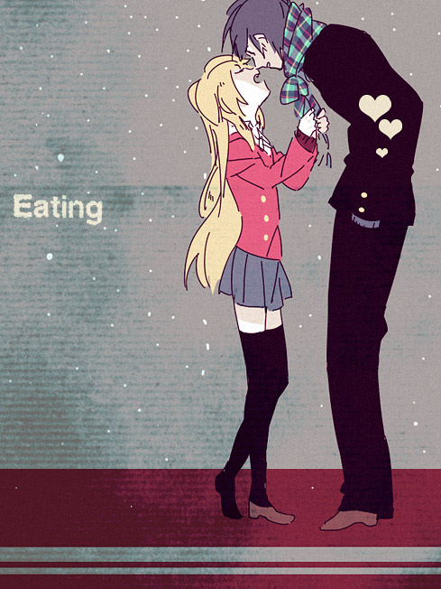 chiko (beroro), aisaka taiga, takasu ryuuji, toradora!, 00s, 1boy, 1girl, black hair, black thighhighs, brown hair, couple, english text, heart, hetero, long hair, scarf, school uniform, thighhighs