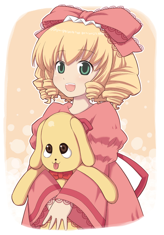 aka (s3637), hinaichigo, kunkun, rozen maiden, 00s, 1girl, blonde hair, bow, dress, drill hair, female focus, frills, green eyes, hair bow, pink bow, short hair, smile, solo, stuffed animal, stuffed toy