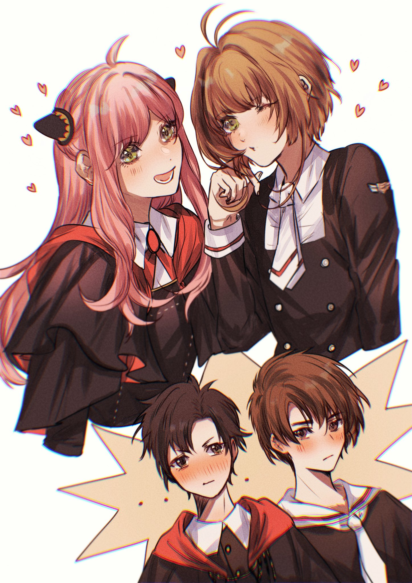 sera (serappi), anya (spy x family), damian desmond, kinomoto sakura, li syaoran, cardcaptor sakura, spy x family, commentary, highres, 2boys, 2girls, aged up, antenna hair, blush, brown eyes, brown hair, crossover, eden academy school uniform, green eyes, hair intakes, hairpods, heart, long hair, multiple boys, multiple girls, one eye closed, open mouth, pink hair, school uniform, smile, tomoeda middle school uniform