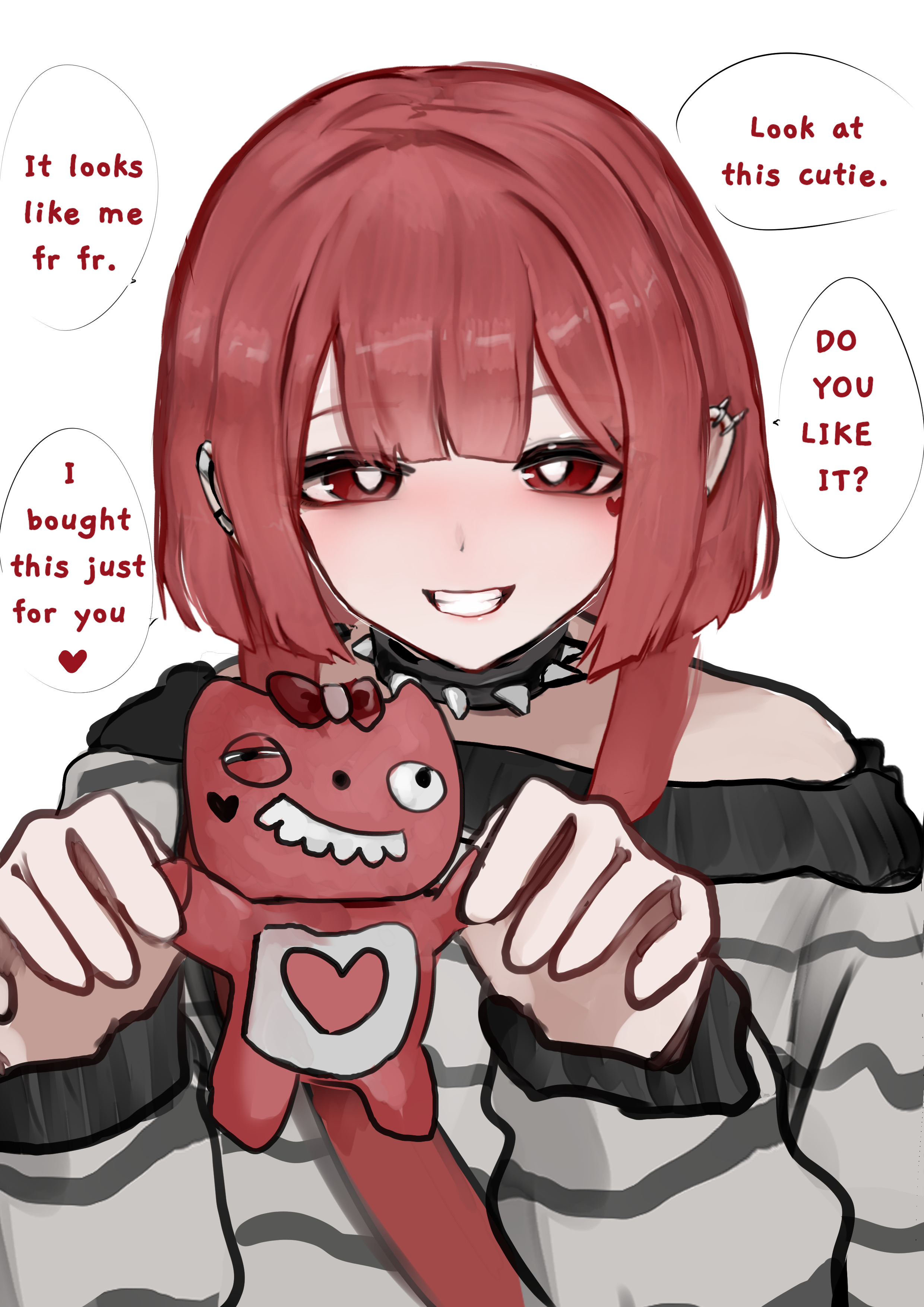wawamachi, original, absurdres, commentary, english commentary, highres, 1girl, bag, blush, bow, bright pupils, ear piercing, english text, fishnets, heart, holding, hood, hoodie, looking at viewer, oversized clothes, piercing, pov, puffumine (wawamachi), puffy sleeves, red eyes, red hair, shoulder bag, simple background, smile, speech bubble, stuffed toy, teeth, white pupils