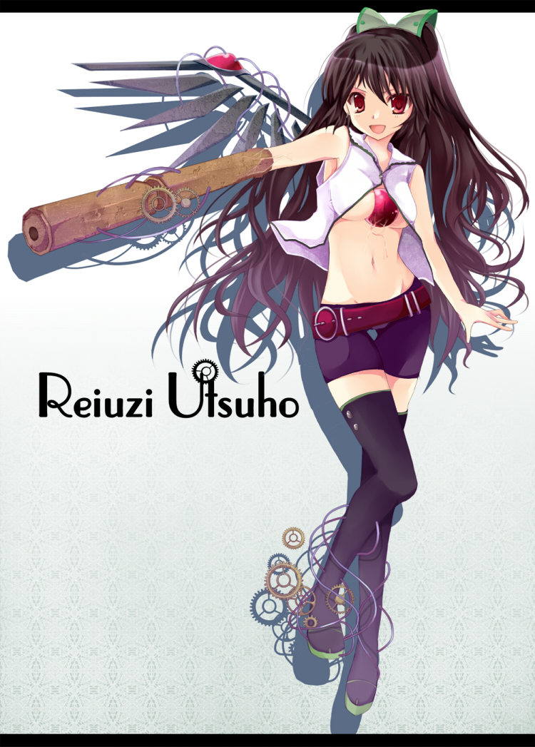 mutsu (kitakaze berry), reiuji utsuho, touhou, bad id, bad pixiv id, 1girl, alternate costume, arm cannon, armpits, belt, bike shorts, black hair, black thighhighs, breasts, contemporary, female focus, legs, medium breasts, midriff, navel, red eyes, shorts, solo, thigh gap, thighhighs, underboob, weapon, wings, zettai ryouiki
