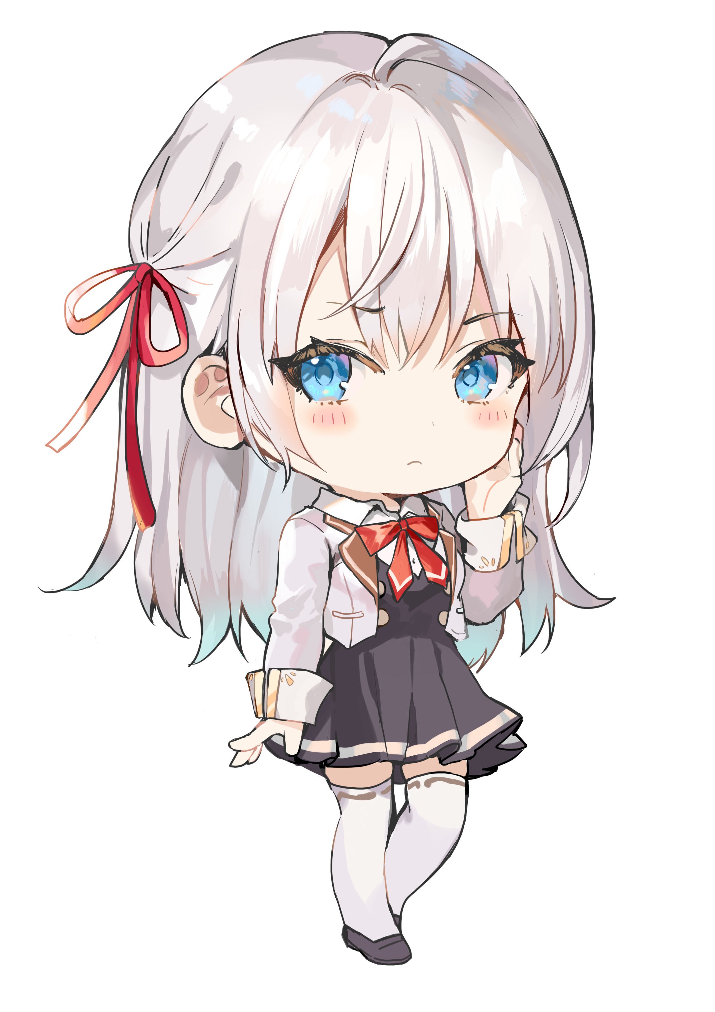 momoko (momopoco), alisa mikhailovna kujou, tokidoki bosotto roshia-go de dereru tonari no alya-san, absurdres, commentary request, highres, official art, second-party source, 1girl, ahoge, black shoes, black skirt, blazer, blue eyes, blush, bow, bowtie, buttons, chibi, chibi only, closed mouth, collared shirt, double-breasted, frown, full body, grey jacket, hair ribbon, hand on own cheek, hand on own face, hand up, jacket, knee up, lapels, long hair, long sleeves, looking to the side, notched lapels, open clothes, open jacket, pleated skirt, red bow, red bowtie, red ribbon, ribbon, school uniform, seiren academy school uniform, shirt, shoes, simple background, skirt, solo, standing, tachi-e, thighhighs, white background, white hair, white shirt, white thighhighs, wing collar, zettai ryouiki