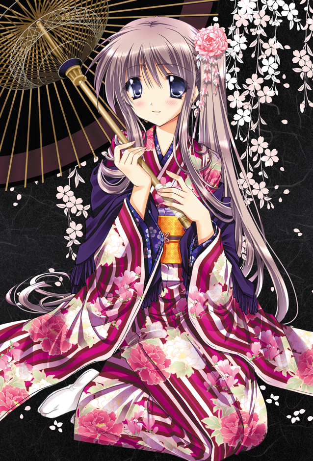 ryuuga shou, original, 1girl, blue eyes, female focus, flower, hair ornament, japanese clothes, kimono, long hair, oil-paper umbrella, purple hair, side ponytail, sitting, solo, umbrella
