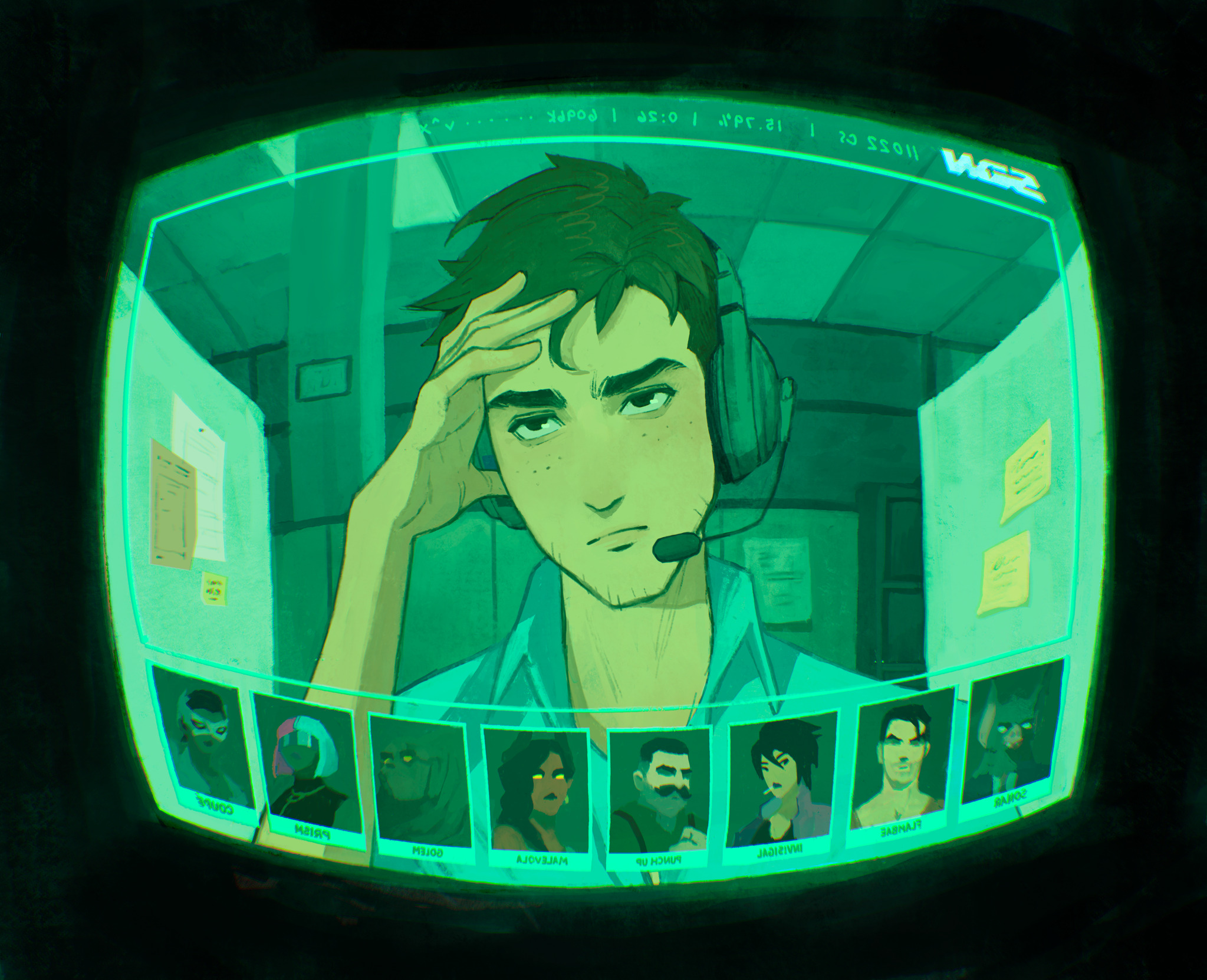 coupe (dispatch), flambae (dispatch), golem (dispatch), invisigal (dispatch), malevola (dispatch), prism (dispatch), punch up (dispatch), robert robertson, sonar (dispatch), dispatch, commentary, english commentary, highres, 1boy, brown hair, collared shirt, green theme, headphones, headset, indoors, male focus, mirrored text, office, painterly, semoyed, shirt, short hair, solo focus