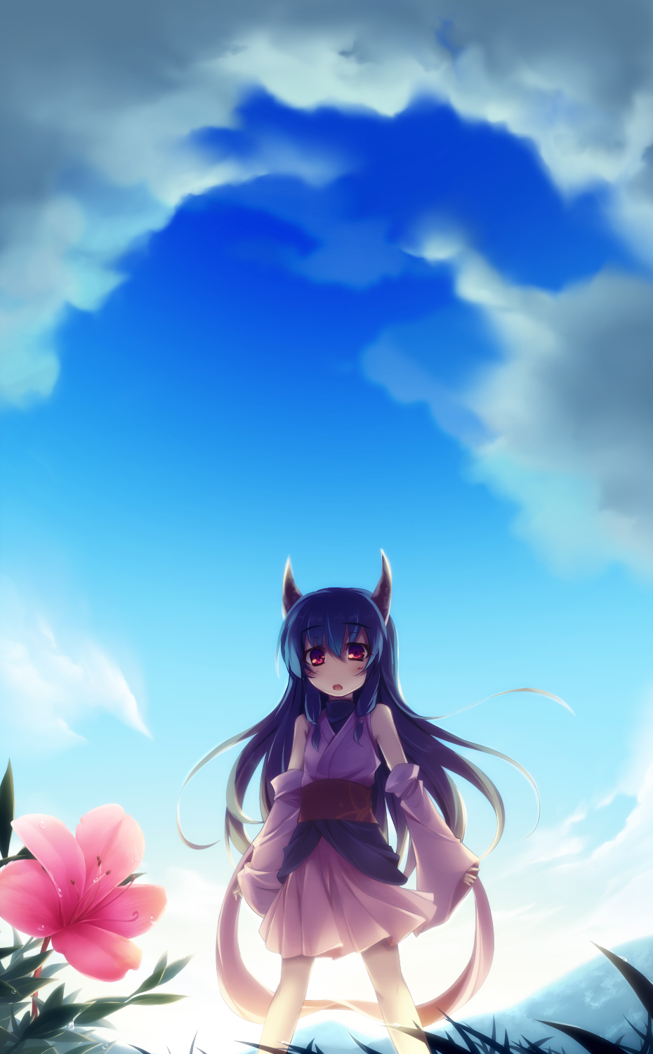 kazakura, naga (staygarden), ryuujin naga, bad id, bad pixiv id, highres, 1girl, :o, azalea (flower), blue hair, day, detached sleeves, female focus, flower, horns, japanese clothes, no nose, red eyes, sky, solo