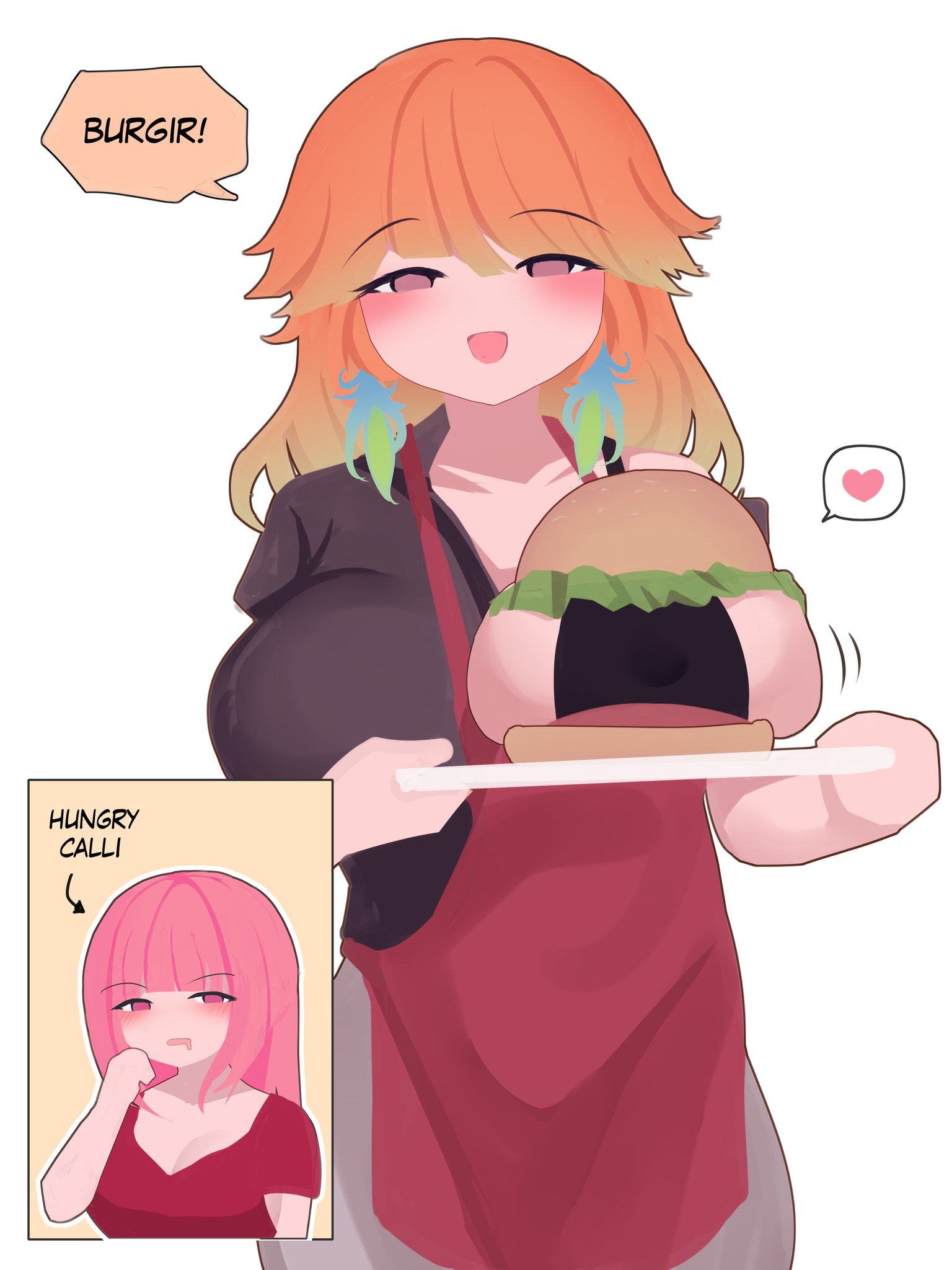 viqur, mori calliope, takanashi kiara, hololive, hololive english, commentary, english commentary, highres, 2girls, alternate costume, blush, breasts, couple, earrings, feather earrings, feathers, female pervert, jewelry, large breasts, long hair, multicolored hair, multiple girls, open mouth, pervert, pink hair, purple eyes, simple background, virtual youtuber, white background, wife and wife, yuri