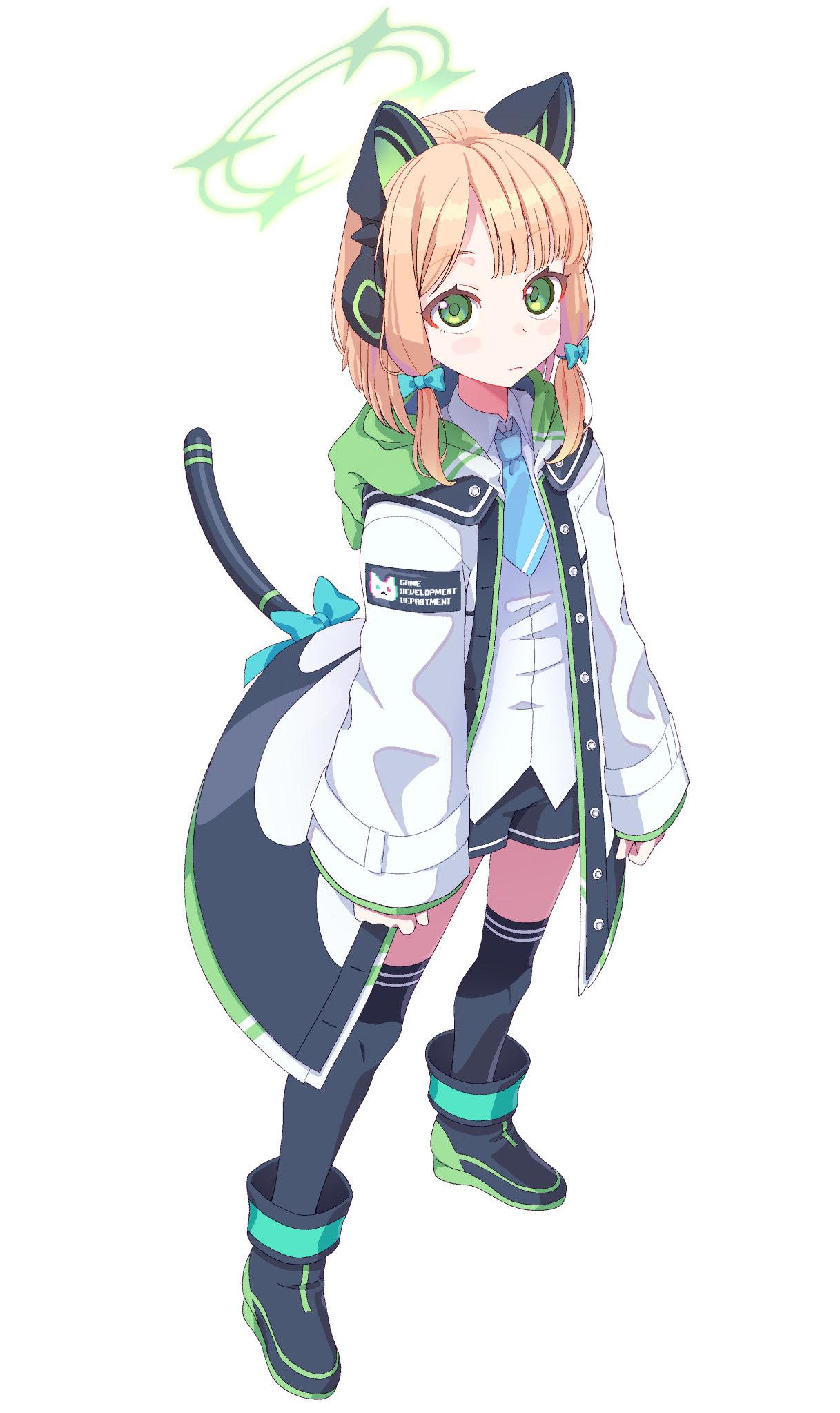 midori (blue archive), blue archive, commentary, highres, 1girl, animal ear headphones, animal ears, black boots, black coat, black shorts, black thighhighs, blonde hair, blue bow, blue necktie, blush stickers, boots, bow, buttons, cat ear headphones, cat ears, closed mouth, coat, collared shirt, fake animal ears, full body, green eyes, green halo, green hood, green trim, hair bow, halo, headphones, hood, hood down, hooded coat, looking at viewer, low-tied sidelocks, medium hair, multicolored coat, necktie, open clothes, open coat, shirt, shorts, sidelocks, simple background, sleeves past wrists, solo, standing, tanuki soutou x, thighhighs, white background, white coat, white shirt, wide sleeves