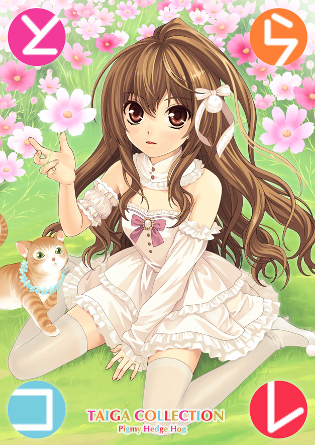 hitsujimura saki, aisaka taiga, toradora!, 00s, bare shoulders, brown eyes, brown hair, cat, detached sleeves, dress, flower, hair ribbon, long hair, ribbon, solo, thighhighs, zettai ryouiki