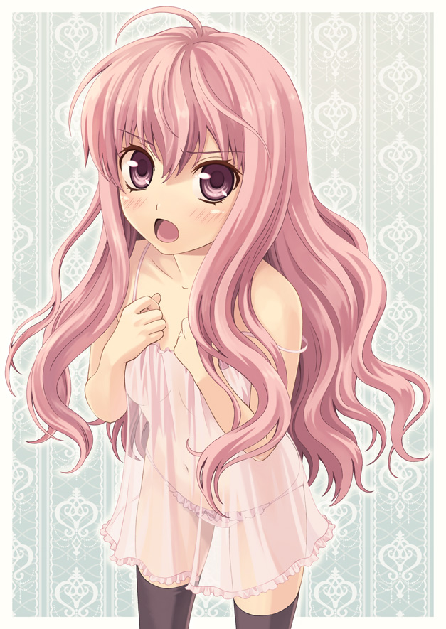 hitsujimura saki, louise francoise le blanc de la valliere, zero no tsukaima, 00s, 1girl, ahoge, blush, chemise, female focus, long hair, navel, panties, pink eyes, pink hair, see-through clothes, solo, strap slip, thighhighs, underwear