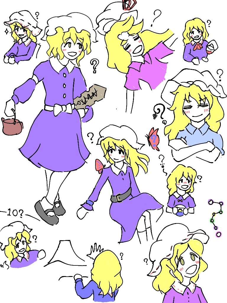 maribel hearn, changeability of strange dream, dateless bar "old adam", dr.latency's freak report, ghostly field club, magical astronomy, neo-traditionalism of japan, retrospective 53 minutes, taboo japan disentanglement, touhou, trojan green asteroid, commentary, commentary request, translated, 1girl, :d, ?, belt, black belt, blonde hair, blue shirt, blush, bow, bowtie, bug, butterfly, chemical structure, closed eyes, collared dress, collared shirt, contrast collar, crossed arms, cup, dress, from behind, hair between eyes, hat, hat ribbon, holding, holding cup, holding teapot, insect, kannsoupannpa, long dress, long hair, long sleeves, looking at animal, looking up, mary janes, medium hair, mob cap, mountain, multiple persona, official alternate costume, official alternate hairstyle, open mouth, outstretched arms, pink shirt, puffy long sleeves, puffy sleeves, purple dress, rainbow-colored septentrion, red bow, red bowtie, red ribbon, ribbon, sash, scene reference, shirt, shoes, short sleeves, sitting, sleeve garter, smile, smug, socks, solo, sparkle, spread arms, teapot, white bow, white hat, white sash, white socks