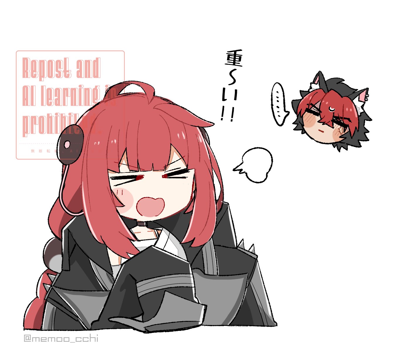 komano manato, ukinami yuzuha, zenless zone zero, commentary request, highres, > <, …, 1boy, 1girl, animal ear fluff, animal ear piercing, animal ears, black hair, black jacket, blush, braid, braided twintails, chibi, chibi only, closed eyes, closed mouth, collarbone, crossed bangs, dog boy, dog ears, hair between eyes, hair ornament, head only, hearing aid, hetero, jacket, long hair, low twintails, memoo cchi, multicolored hair, open mouth, red hair, scar, scar across eye, scar on face, short hair, simple background, sleeves past fingers, sleeves past wrists, sphere hair ornament, spiked jacket, spoken ellipsis, twintails, twitter username, v-shaped eyebrows, white background