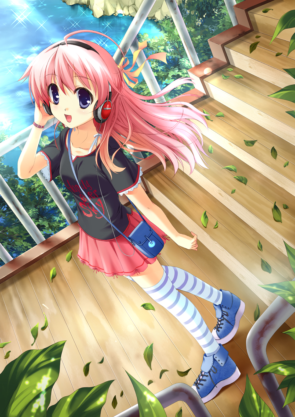 ayakaze ryuushou, original, highres, blue eyes, hair ribbon, headphones, leaf, long hair, looking at viewer, open mouth, pink hair, ribbon, shoes, skirt, sneakers, solo, stairs, striped clothes, striped thighhighs, thighhighs, water, wind, zettai ryouiki