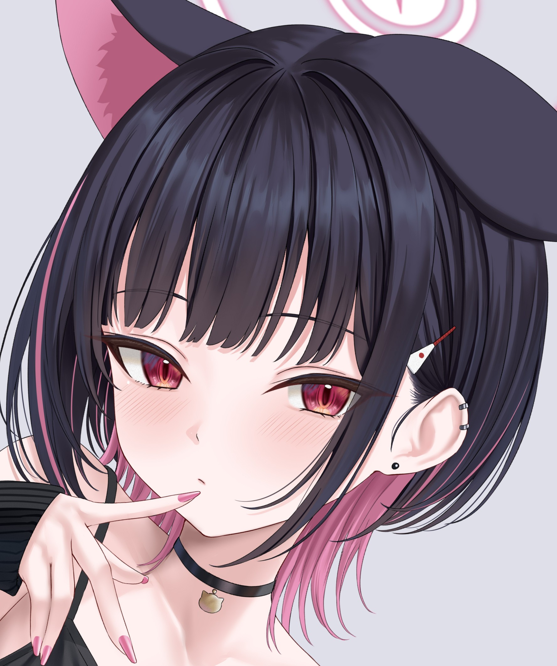 rama (yu-light8), kayoko (blue archive), blue archive, commentary request, highres, 1girl, animal ears, black choker, black hair, blush, cat ears, choker, closed mouth, colored inner hair, ear piercing, earrings, extra ears, hair ornament, hairclip, halo, jewelry, long sleeves, looking at viewer, multicolored hair, piercing, pink hair, pink nails, portrait, red eyes, short hair, simple background, solo, white background, wolf cut