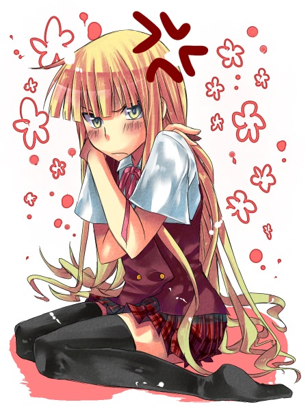 naridon, evangeline a.k. mcdowell, mahou sensei negima!, 00s, 1girl, anger vein, angry, blonde hair, blush, covering privates, female focus, green eyes, long hair, plaid clothes, plaid skirt, school uniform, skirt, solo, thighhighs, vampire, very long hair, zettai ryouiki