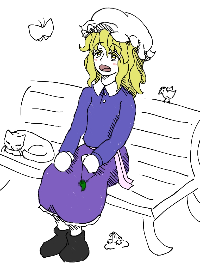 maribel hearn, touhou, 1girl, animal, bird, black shoes, blue shirt, bug, butterfly, buttons, cat, censored, collared shirt, contrast collar, frilled skirt, frills, insect, kannsoupannpa, long sleeves, medium hair, mole (animal), on bench, open mouth, purple skirt, sash, shirt, shoes, skirt, socks, solo, white sash, white socks