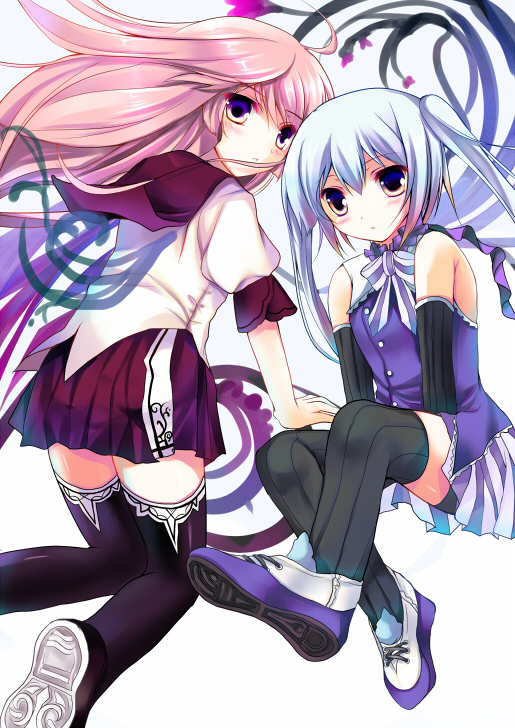 azumi kazuki, original, bad id, bad pixiv id, 2girls, blue hair, blush, long hair, looking back, multiple girls, pink hair, shoes, skirt, sneakers, thighhighs, twintails, yellow eyes