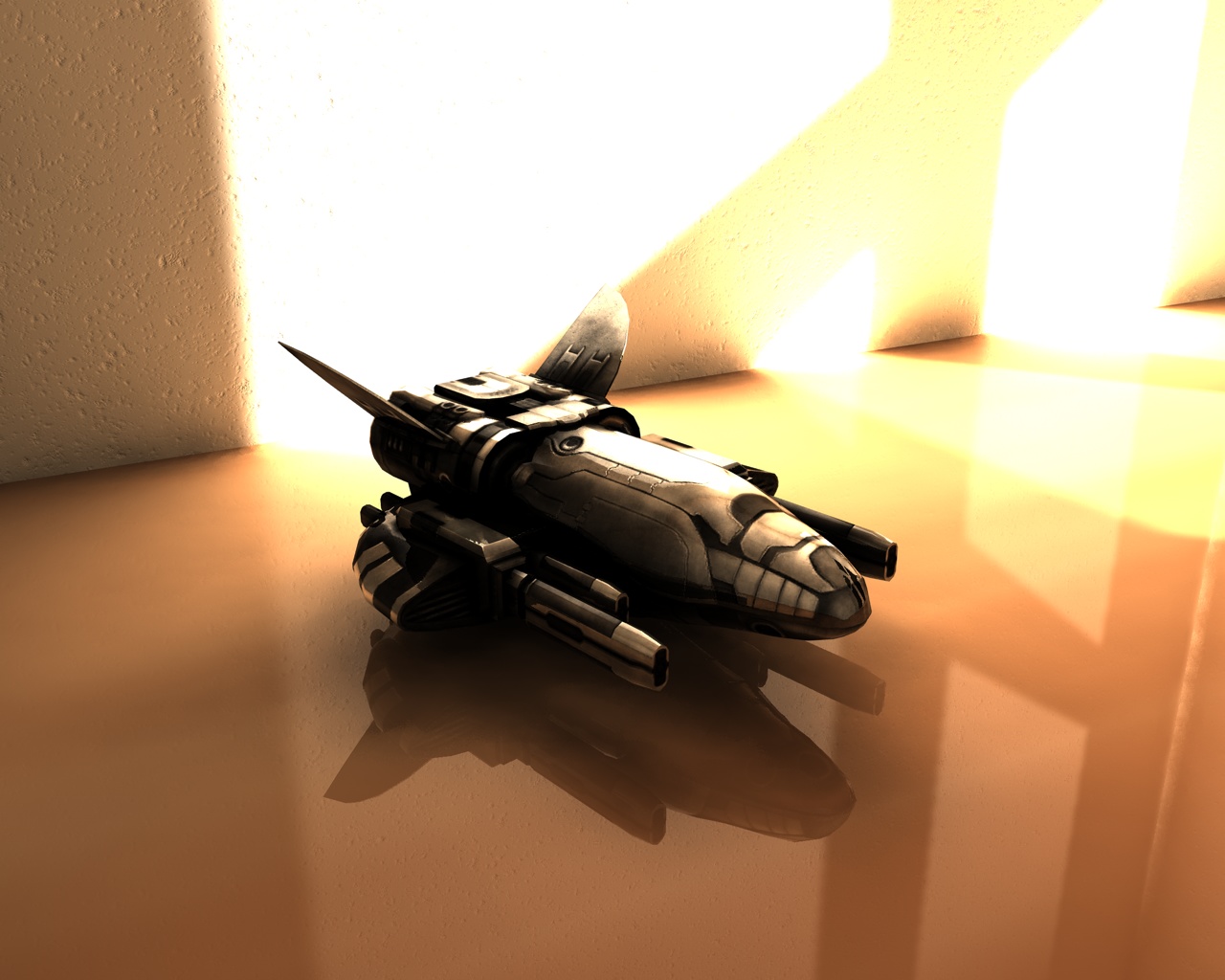 eve online, commentary, english commentary, 3d, amarr empire (eve online), cannon, dated commentary, drone, energy cannon, light drone (eve online), military vehicle, no humans, orange background, realistic, reflective floor, science fiction, spacecraft, starfighter, vankaiser