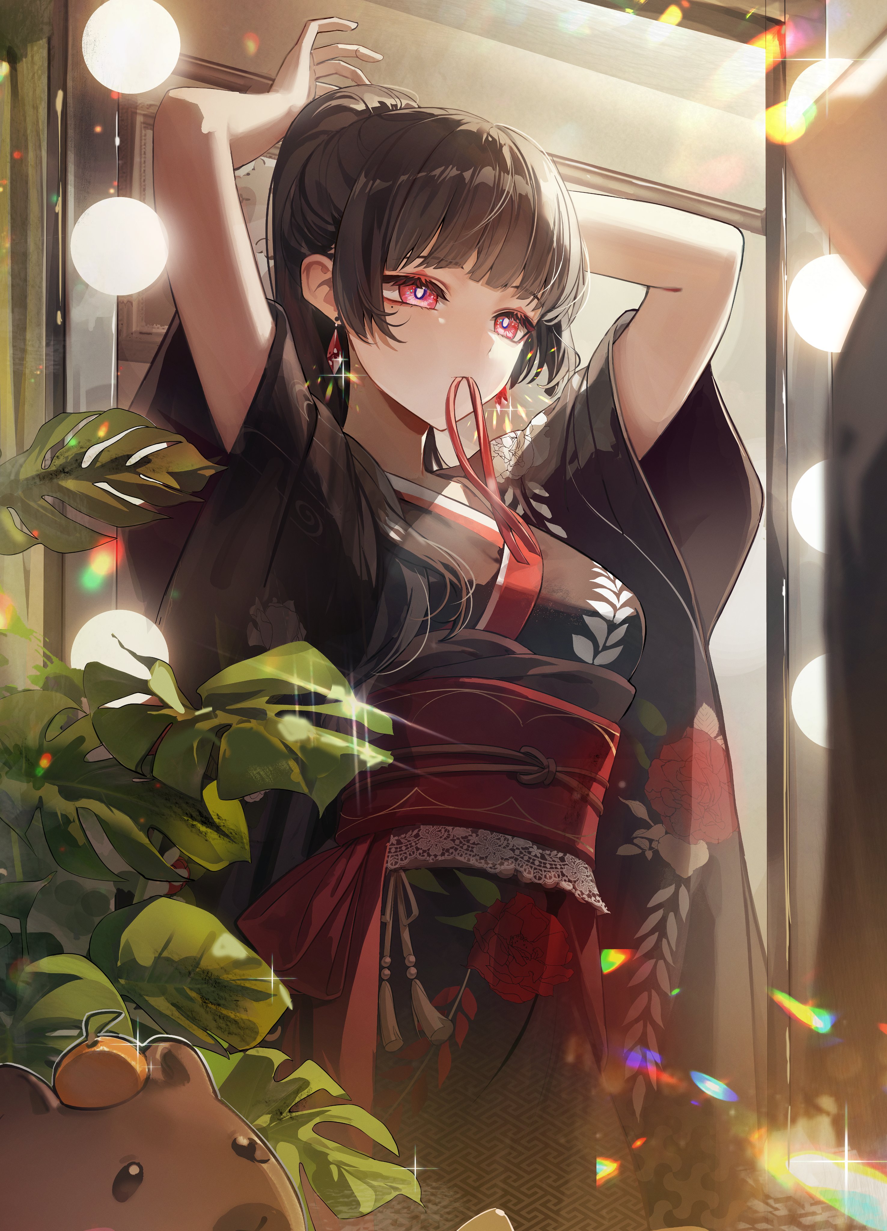 datsha, chisa (wuthering waves), wuthering waves, absurdres, commentary, hashtag-only commentary, highres, 1girl, alternate costume, arms up, black hair, black kimono, breasts, capybara, earrings, food, fruit, hair ribbon, indoors, japanese clothes, jewelry, kimono, long hair, medium breasts, mole, mole under eye, mouth hold, namipon (wuthering waves), obi, orange (fruit), ponytail, red eyes, red ribbon, red sash, reflection, reflection focus, ribbon, sash, solo, wide sleeves