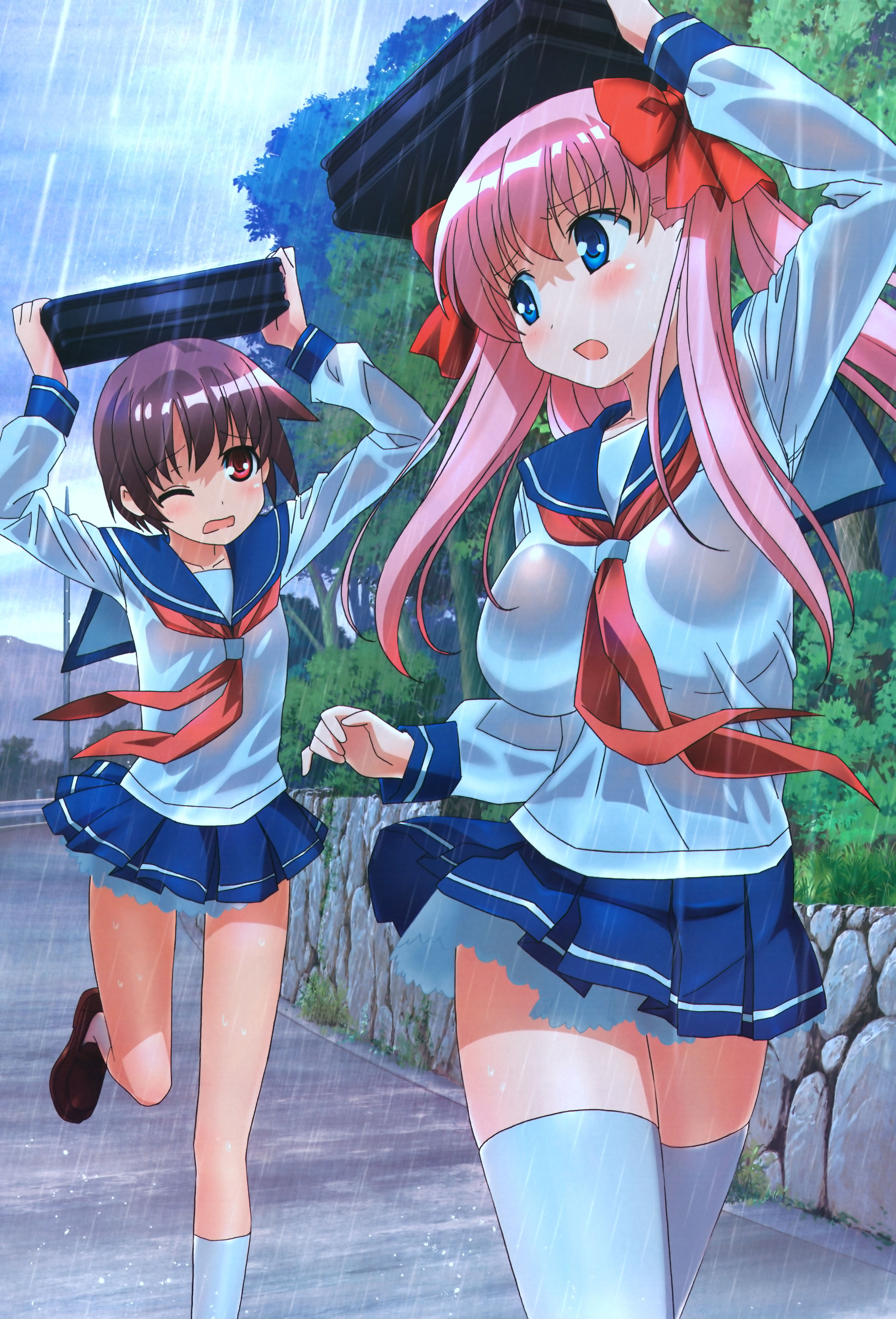 oogawara haruo, haramura nodoka, miyanaga saki, nyantype, saki (manga), bookbag, white legwear, absurdres, highres, official art, scan, 00s, 2girls, bag, bow, breasts, brown hair, hair bow, large breasts, long hair, multiple girls, neckerchief, pink hair, pleated skirt, rain, red neckerchief, road, running, school uniform, serafuku, short hair, skirt, street, thighhighs, tree, twintails, wet, wet clothes, wince, zettai ryouiki