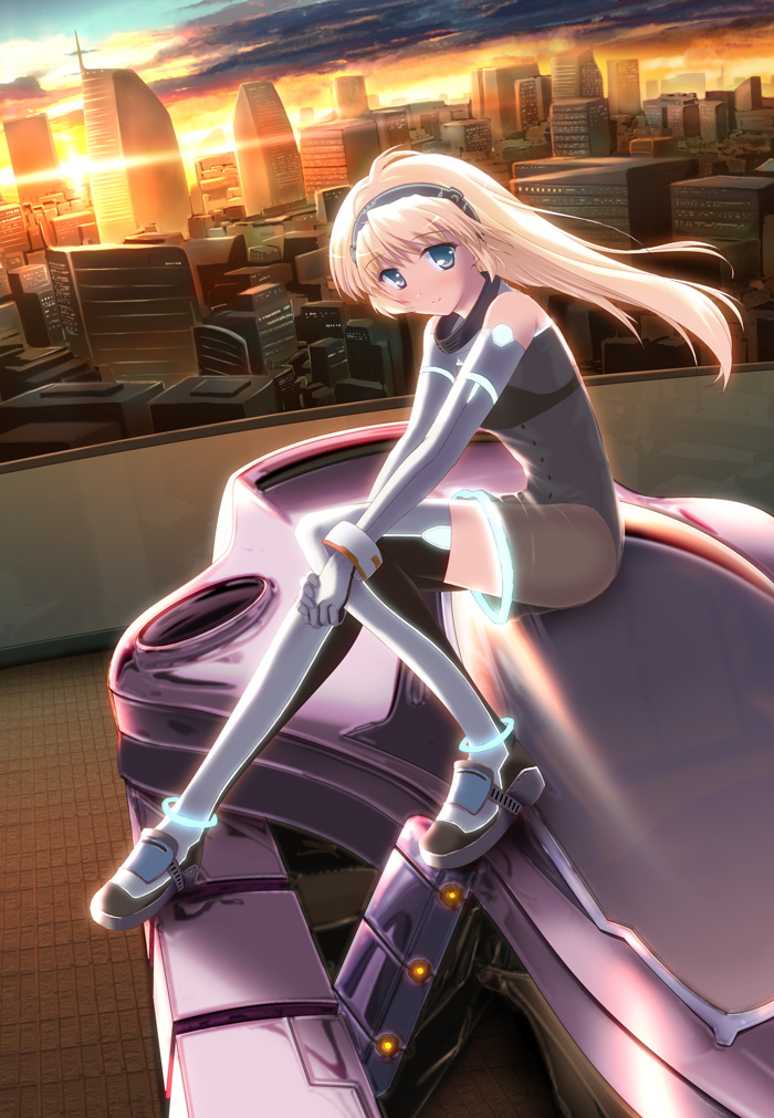 ryoumoto ken, original, bad id, bad pixiv id, blonde hair, blue eyes, cityscape, detached sleeves, hairband, science fiction, see-through clothes, shoes, sitting, sneakers, solo, sunset, thighhighs, wind
