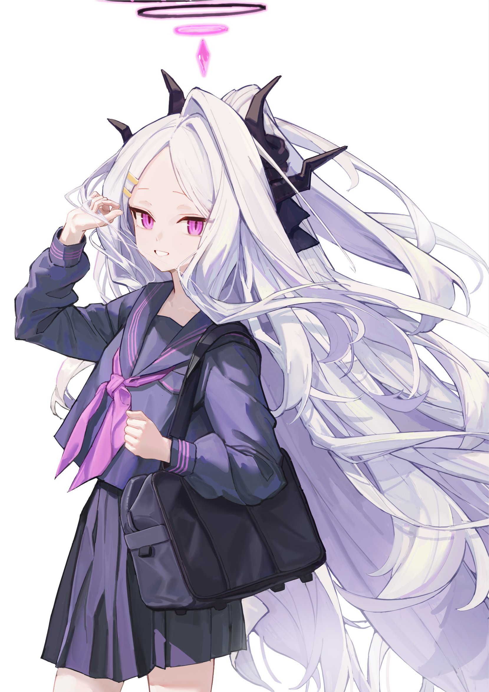 lansemiao, hina (blue archive), blue archive, commentary request, highres, 1girl, ahoge, black halo, black skirt, blush, breasts, demon girl, demon horns, halo, horns, long hair, looking at viewer, purple eyes, school uniform, simple background, skirt, small breasts, solo, standing, very long hair, white background, white hair