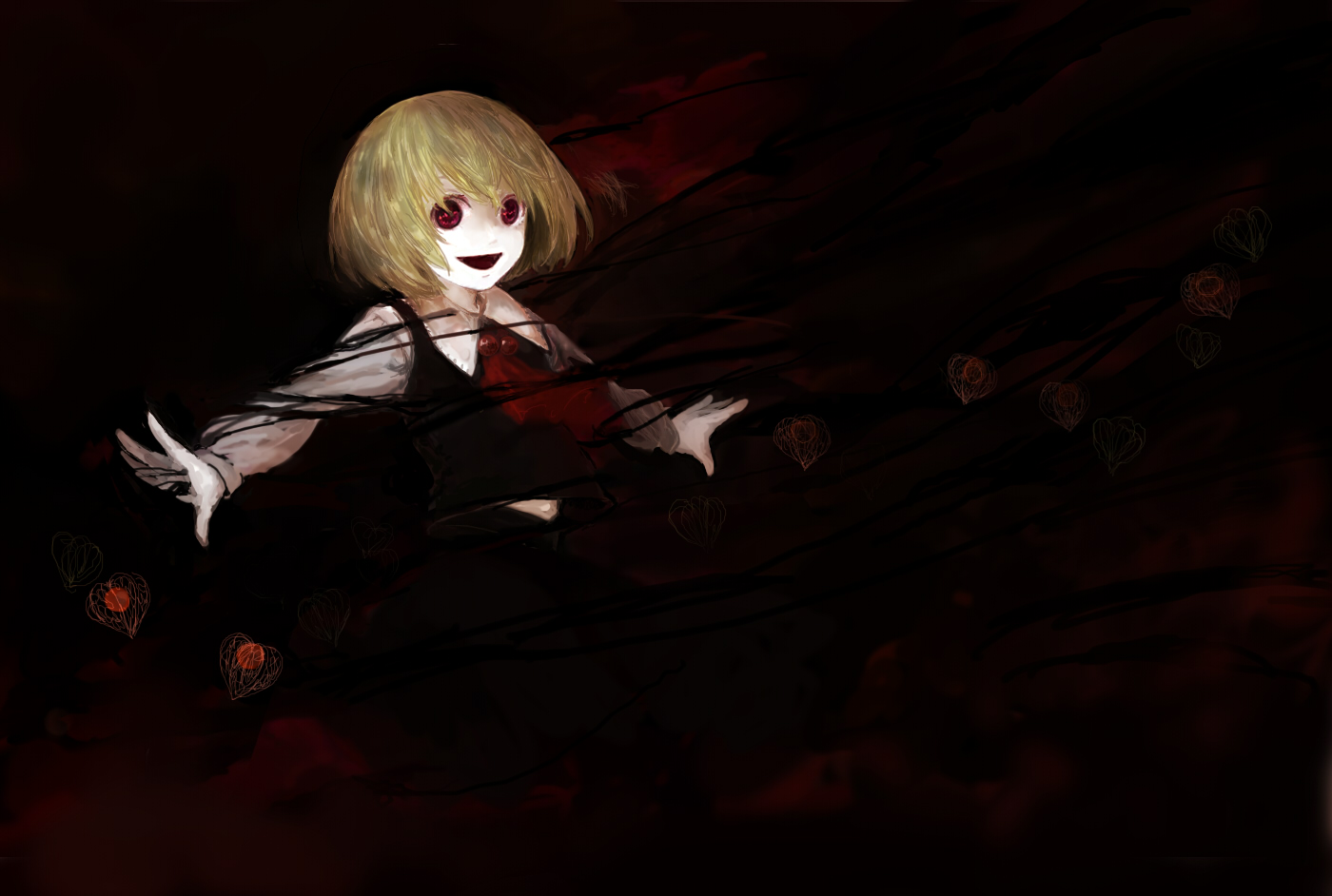 noki (artist), noki (pixiv363792), nosaki (pixiv363792), rumia, embodiment of scarlet devil, touhou, bad id, bad pixiv id, inactive account, 1girl, blonde hair, dark, darkness, female focus, pale skin, red eyes, solo