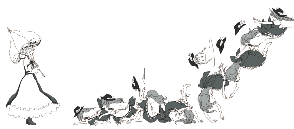 noki (artist), noki (pixiv363792), nosaki (pixiv363792), hinanawi tenshi, yakumo yukari, touhou, bad id, bad pixiv id, inactive account, 2girls, falling, female focus, greyscale, monochrome, multiple girls, parasol, profile, rolling, sequential, shide, umbrella