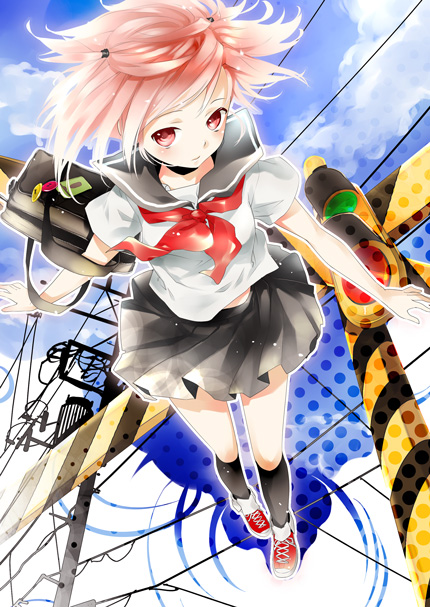 tachibana yukiji, original, bag, blush, pink eyes, pink hair, school uniform, shoes, short hair, skirt, sneakers, solo