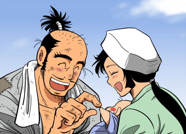 yousuke (guruguru medaman), ijiri matabee yoshitoshi, kasuga ren, crayon shin-chan, crayon shin-chan: arashi wo yobu: appare! sengoku daikassen, 1boy, 1girl, baby, chonmage, cloud, day, dirty, family, good end, samurai, sky, smile, topknot