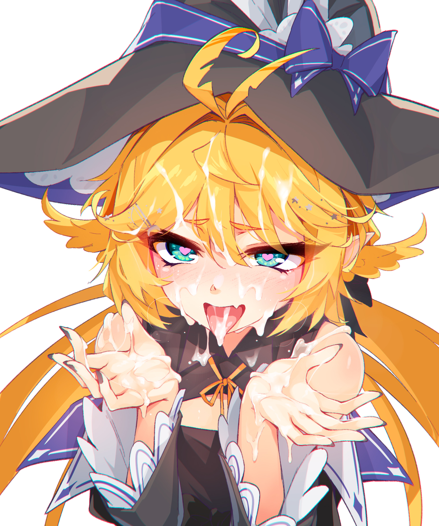 ricegnat, dokibird, indie virtual youtuber, commentary, english commentary, highres, 1girl, ahoge, blonde hair, blue hat, blush, cum, cum in mouth, cum on body, cum on clothes, cum on hair, cum on hands, cum on tongue, cum string, cumdrip, facial, fang, green eyes, hair between eyes, hair ornament, hat, heart, heart-shaped pupils, long hair, looking at viewer, open mouth, simple background, skin fang, smile, solo, symbol-shaped pupils, tongue, tongue out, twintails, virtual youtuber, white background, witch hat