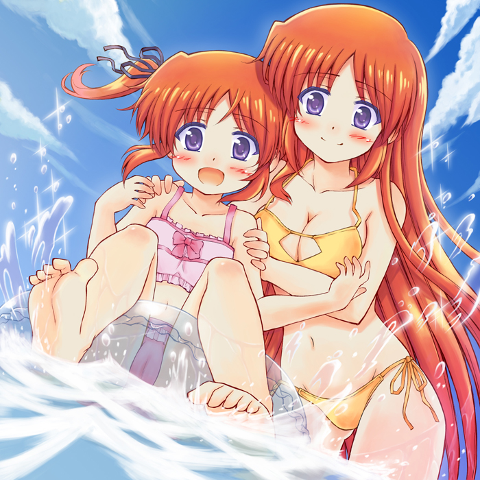 nean, takamachi nanoha, lyrical nanoha, mahou shoujo lyrical nanoha, mahou shoujo lyrical nanoha strikers, bad id, bad pixiv id, 00s, 2girls, age comparison, aged down, aged up, barefoot, bikini, breasts, brown hair, cameltoe, cleavage, cloud, day, dual persona, feet, hair ribbon, innertube, large breasts, loli, long hair, moe (phrase), multiple girls, navel, orange hair, outdoors, purple eyes, red hair, ribbon, short twintails, side-tie bikini bottom, sky, soles, swim ring, swimsuit, time paradox, toes, twintails, water