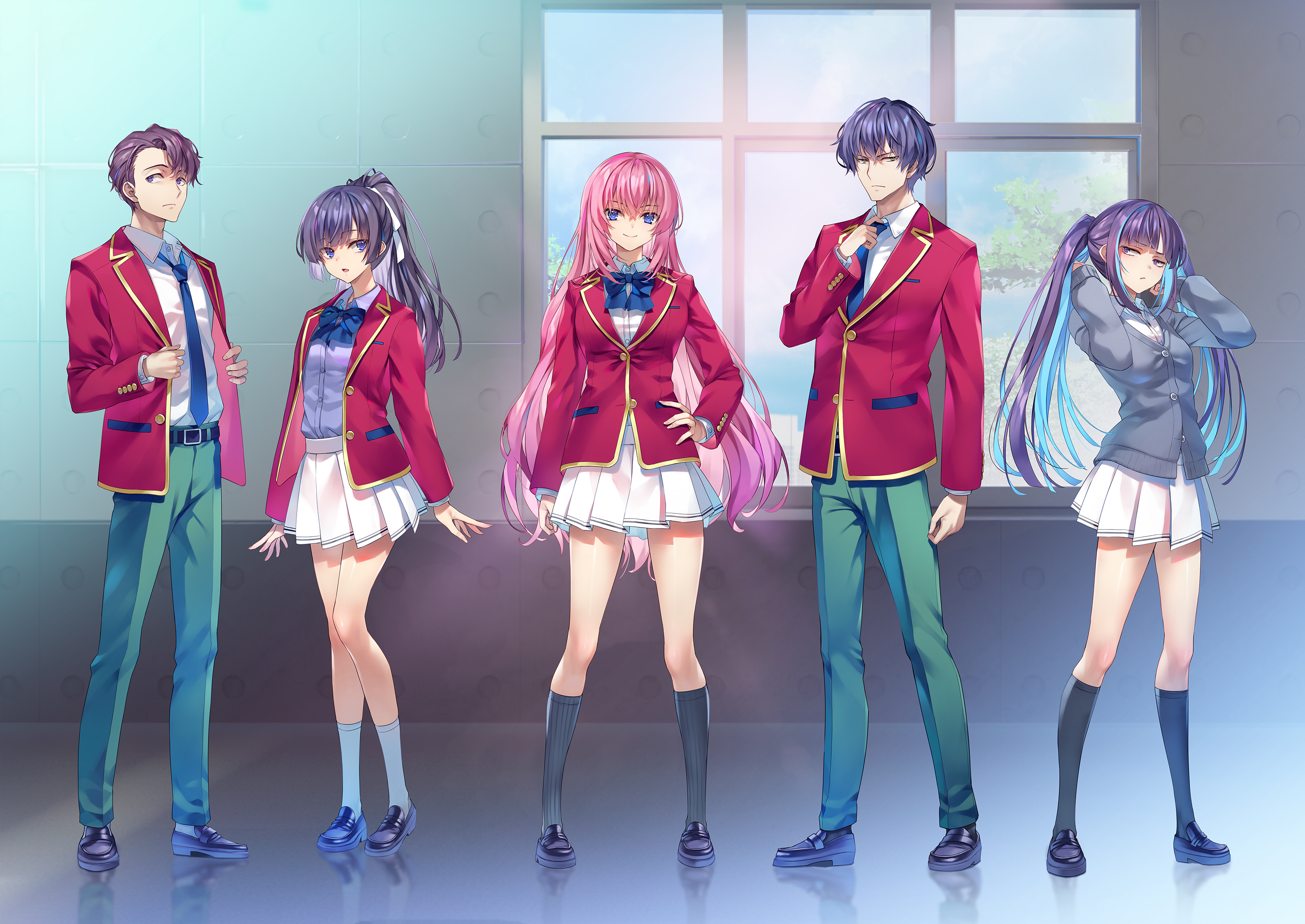 tomose shunsaku, amikura mako, himeno yuki (youjitsu), ichinose honami (youjitsu), kanzaki ryuuji, youkoso jitsuryoku shijou shugi no kyoushitsu e, highres, official art, 2boys, 3girls, adjusting clothes, adjusting jacket, adjusting necktie, advanced nurturing high school uniform, arm at side, belt, black belt, black shoes, black socks, blazer, blue bow, blue bowtie, blue necktie, bow, bowtie, brown eyes, brown hair, cardigan, collared shirt, green pants, grey cardigan, hair ribbon, jacket, kneehighs, lineup, loafers, long hair, long sleeves, looking at viewer, multiple boys, multiple girls, necktie, open clothes, open jacket, pants, parted lips, pleated skirt, ponytail, purple eyes, purple hair, purple shirt, red jacket, ribbon, school uniform, shirt, shirt tucked in, shoes, short hair, sideways glance, skirt, socks, standing, twintails, watanabe norihito, white ribbon, white shirt, white skirt, white socks, window
